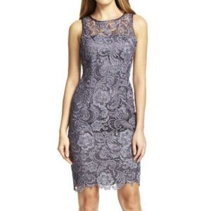 Adrianna Papell Lace Cocktail Dress 4P Petite Gray Sleeveless Formal